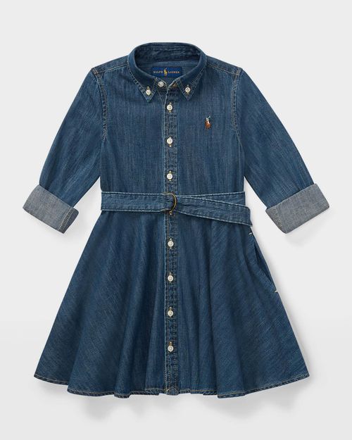 Girl's Belted Fit-and-Flare Denim Shirtdress, Size 2-4