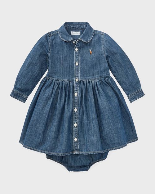 Girl's Belted Fit-and-Flare Denim Shirtdress, Size 3M-24M