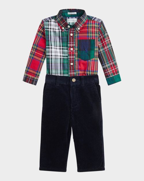 Boy's Plaid-Print Shirt W/ Corduroy Pants Set, Size 3M-24M