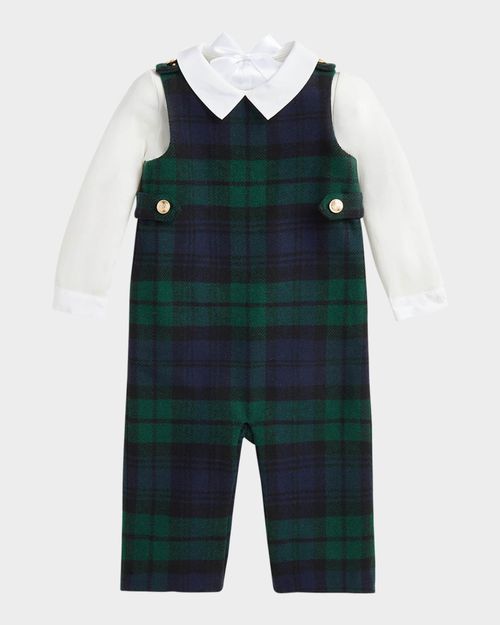 Boy's Plaid-Print Overalls W/ Bodysuit Set, Size 9M-24M
