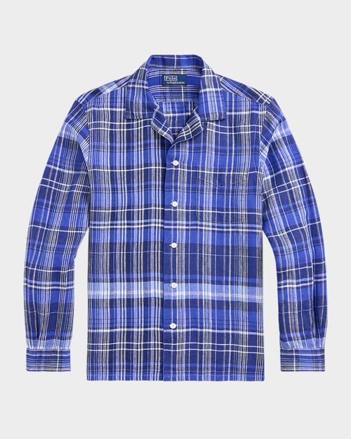 Men's Classic-Fit Plaid Linen Camp Shirt