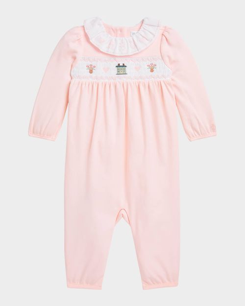 Girl's Smocked Embroidered Coverall, Size 3M-12M