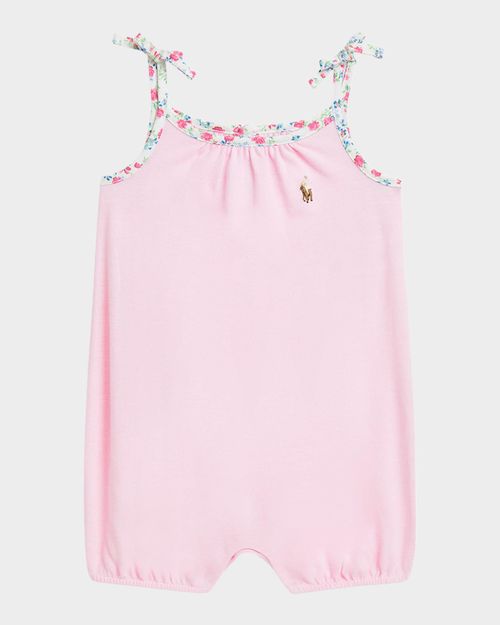 Girl's Floral-Trim Romper, Size 3M-24M