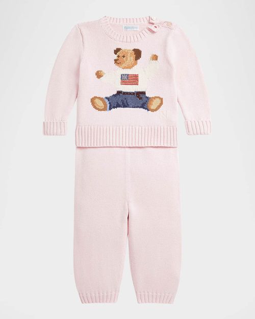 Girl's Flag Bear Intarsia Knit Sweater and Pants Set, Size 3M-24M