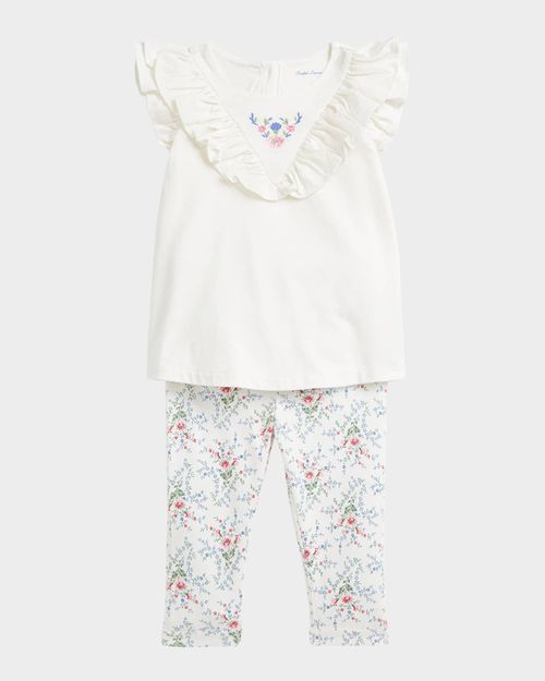 Girl's Floral-Print Cotton Jersey Legging Set, Size 3M-24M