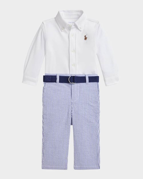 Kid's Cotton Shirt & Seersucker Belted Pants Set, Size 3M-24M