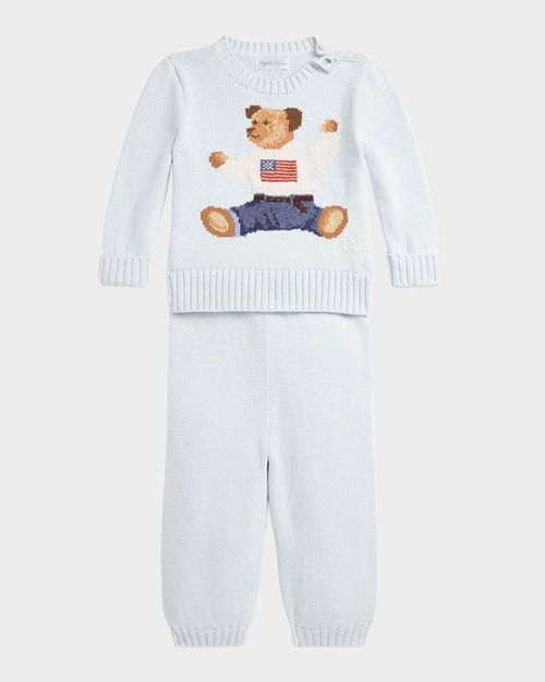 Boy's Flag Bear Intarsia Knit Sweater and Pants Set, Size 3M-24M