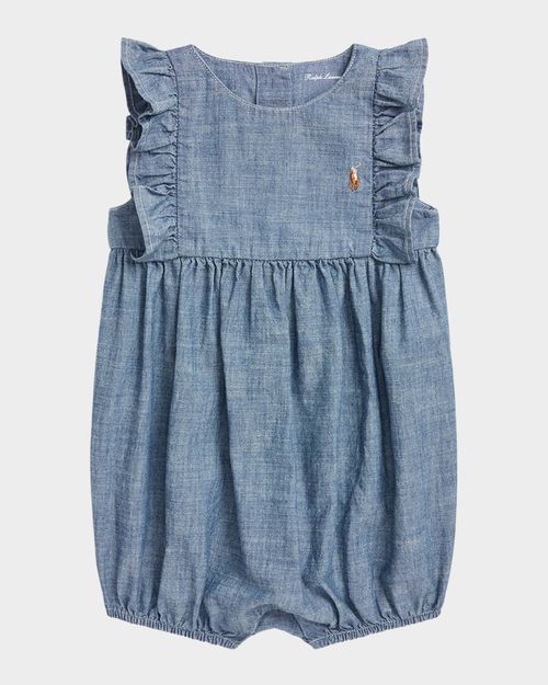 Girl's Chambray Ruffle-Trim Bubble Romper, Size 3M-24M