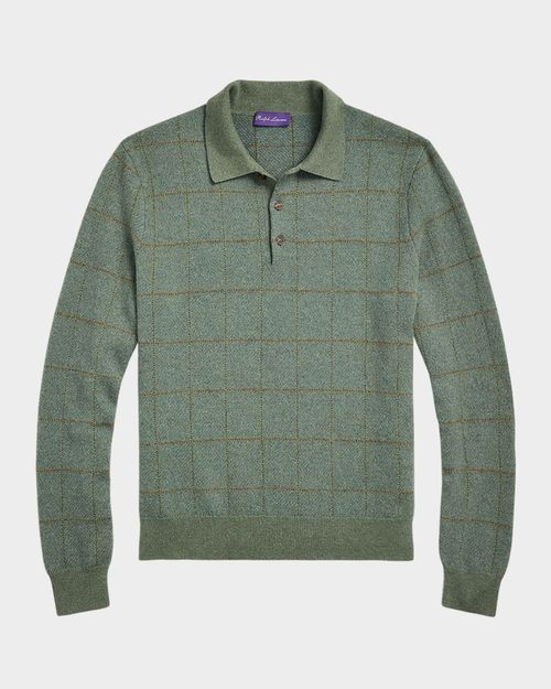 Men's Plaid Cashmere-Wool Polo-Collar Sweater