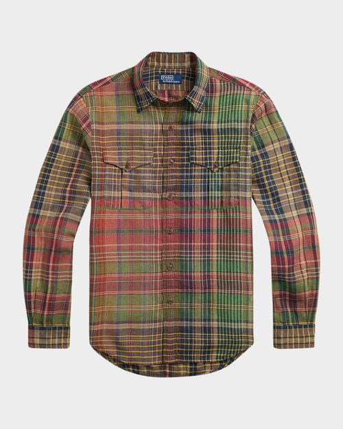 Men's Classic-Fit Plaid Linen Casual Shirt