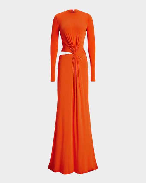 Twist-Front Long-Sleeve Evening Dress