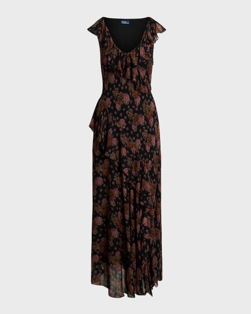 Floral Ruffle-Trim Georgette Maxi Dress