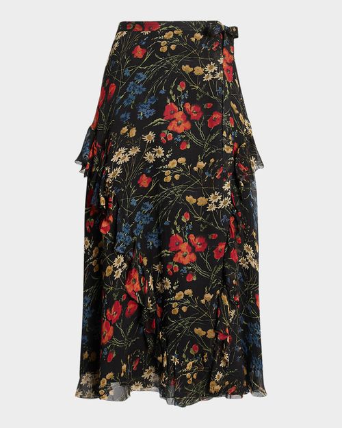 Floral Ruffle-Trim Georgette Maxi Skirt