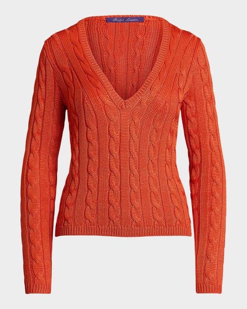 Cable-Knit Silk V-Neck Sweater